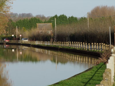 The  canal , with  concrete  fence  posts  reflecting  in  it.