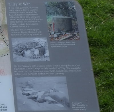 At  Tilty  Abbey  site , a display  board  records  a  fatal  RAF  Mosquito  crash.