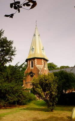 The  tower  of  the  church  of  St. Mary  the  Virgin , through  the  bushes.