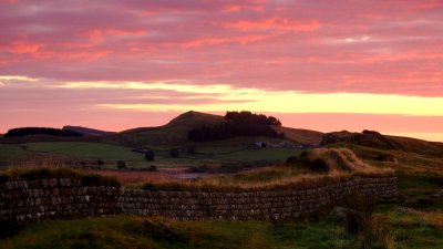 Dawn  over  Hadrian's  Wall  extant  remains.