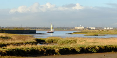 A  yacht  floats  on  an  ebbing  tide , past  Cliffe  Creek.