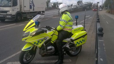 City of London Police Motorcyclist on duty in Dagenham , Essex.
