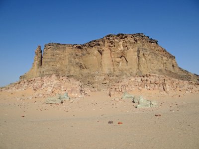 The holy mountain of Jebel Barkal, with temple remains at its base