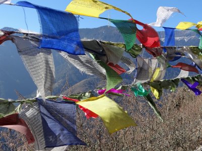 Buddhist prayer flags on the way up to Sela Pass in Arunachal Pradesh