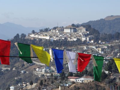 Still more flags with Tawang Monastery in background.  It's to this monastery the Dalai Lama escaped in 1959.