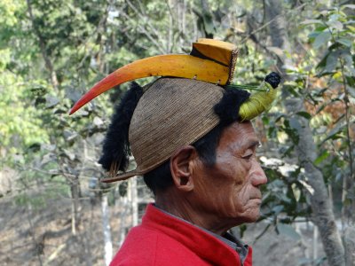 This man, headman of a Nishi village, is wearing a hornbill hat; want one?