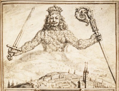 Figure 3. Drawing of frontispiece of  Leviathan, 1651. Copyright: The British Library Board. Egerton 1910 F1