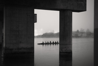 Scullers Under Freeway Overpass, Greenbrae