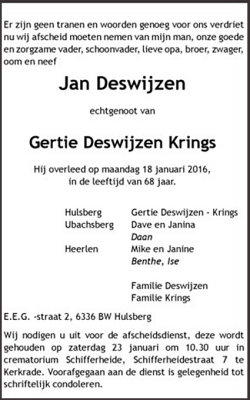 Jan Deswijzen overleden ....