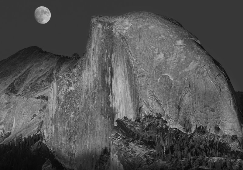 Moon over half dome 45 year Anniversary B-W.jpg