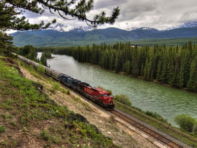 Canadian Pacific grain train along Bow River