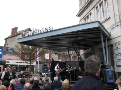 Tribute acts outside Swansea station
