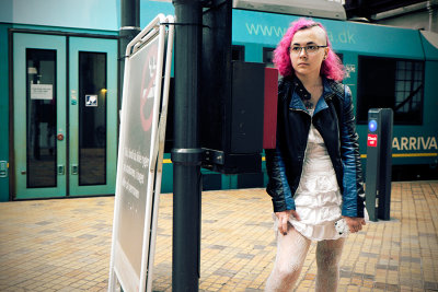 Ruffle dress and leather jacket