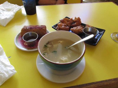 Won Ton soup, egg roll, and fried shrimp