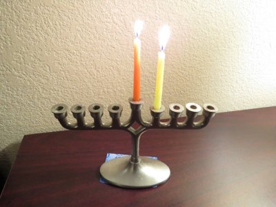First night of Hanukkah in our hotel room