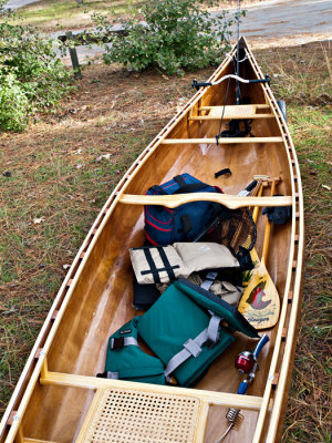 Canoe loaded for father and son fishing trip