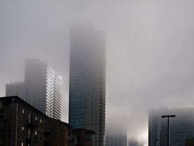 Part of Austin skyline on foggy morning