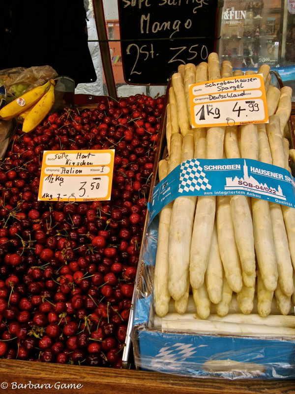 Loads of fresh cherries and asparagus (spargel)