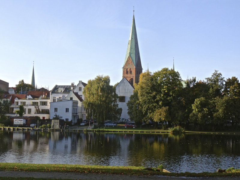 Lübeck, view of city from quiet lake off the River Trave