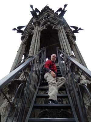 Drew climbing up the tower