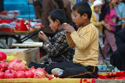 Boys with Pomegranites, Kashgar Sunday Market, Xinjiang, China