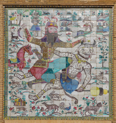 Qajar tile work portraying the lengendary hero Rostam slaying the white devil (Div-e Sepid), Arg-e Karim Khan, Shiraz
