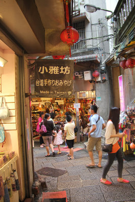 A Made in Taiwan sign. The stores are abundant in local snacks and exotic traditional stores.