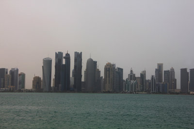 The Doha, Qatar skyline as seen near the Museum of Islamic Art across the Corniche.