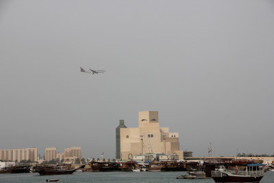 A Qatar Airways flight passing over the Museum of Islamic Arts in Doha.