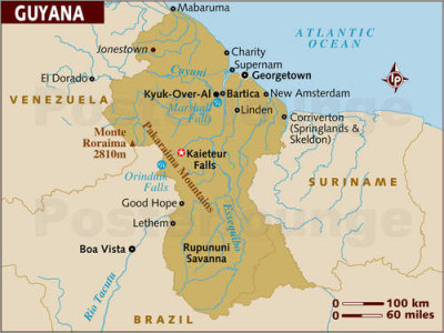 Map of Guyana with the red star indicating Kaieteur Falls and the blue circle indicating Orinduik Falls.