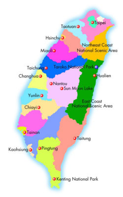 Map of Taiwan with the blue dot indicating Taroko National Park.