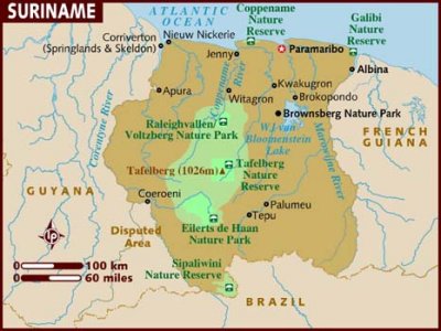 Map of Suriname with the star indicating Parimaribo.
