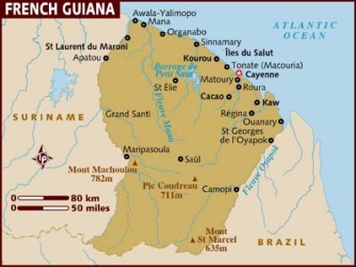 Map of French Guyana with the star indicating Cayenne.