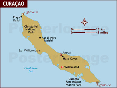 Map of Curaao with the star indicating Willemstad.