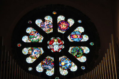Exquisite stained glass rosetta window at St. Fin Barre's Cathedral.