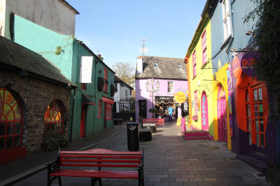 Market Lane in Kinsale with brightly painted galleries, shops and houses.