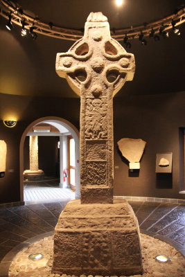 The High Cross on exhibit at the Clonmacnoise Visitors' Centre. There are about 70 stone high crosses remaining in Ireland.