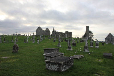 Overview of Clonmacnoise Cemetery with the Cathedral in the background.