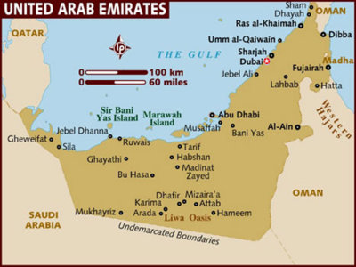 Map of United Arab Emirates with the star indicating Dubai.