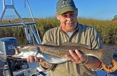 1st Sea Trout-Russell from Alberta, Canada got this Gator Trout on my HD Clouser fly. 