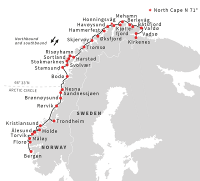 Norway. Roundtrip coastal voyage (Hurtigruten) : Bergen-Kirkenes-Bergen