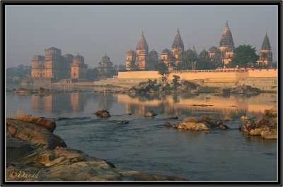 Orchha. Morning light on the Chhattri and river Betwa.