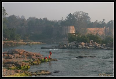 Orchha. Morning Light on River Betwa and Old Citadel.