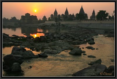 Orchha. Sunset on Cenotaphs and Betwa River.