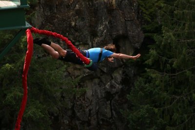 Michael and Justin bungee jumping at Whistler Bungee.