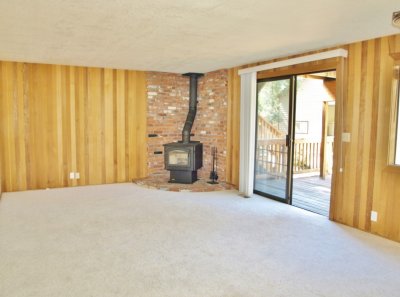 family room with new wood stove