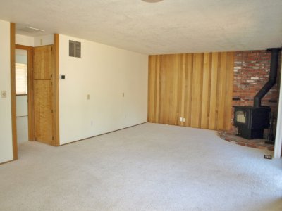 family room with new wood stove