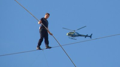 High-Wire Walker Nik Wallenda and helicopter