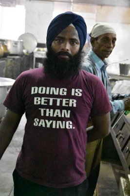 Sikh Temple - His shirt spells Sikh Devotion