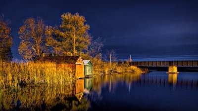 Boathouses & Bridge At Night 20141024